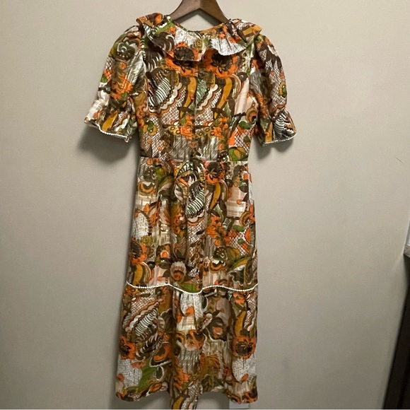 Vintage 70s Orange & Brown Floral Ruffle Neck Maxi Dress Approx Women XS - Picture 9 of 16